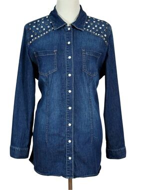 Chico’s Size 2 Denim Pearl Snap Shirt Rhinestone Studded Western Long Sleeve L